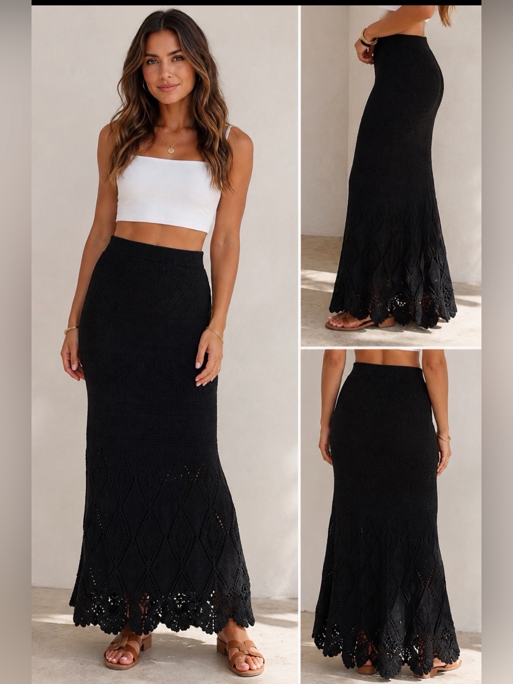 Linea Domani Black Crochet Knit Maxi Skirt Scalloped Mermaid Boho Lined L